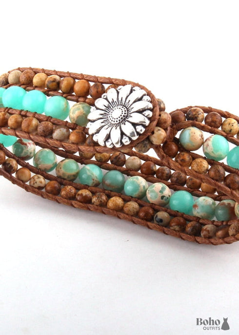 Boho Bracelet, RH Leather Wrap Bracelet, Blue Amazonite Lotus